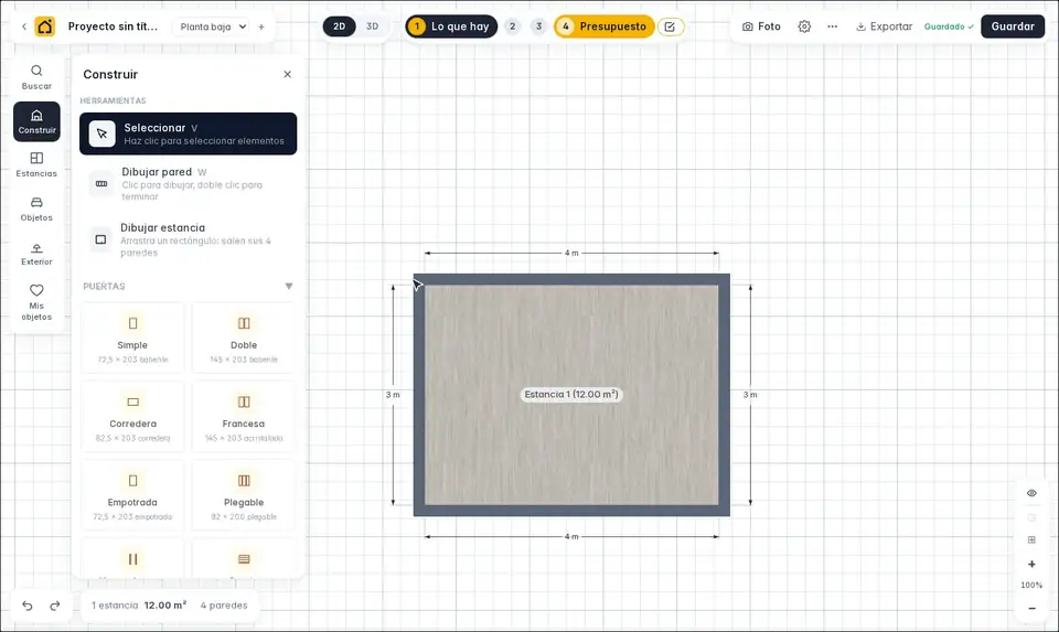 Se arrastra la puerta Simple desde el panel Construir hasta una pared; queda colocada y a la derecha salen sus medidas.