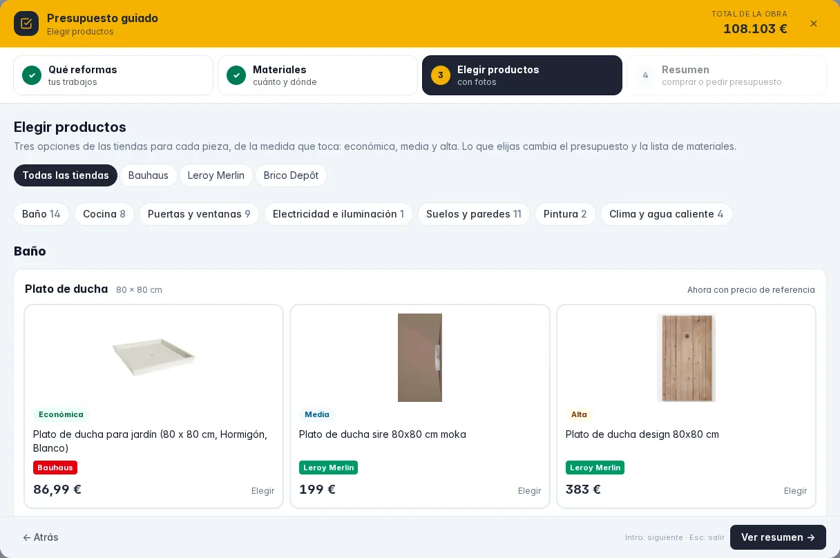 El paso Elegir productos con filtros por tienda, secciones y tres opciones de plato de ducha: económica, media y alta.