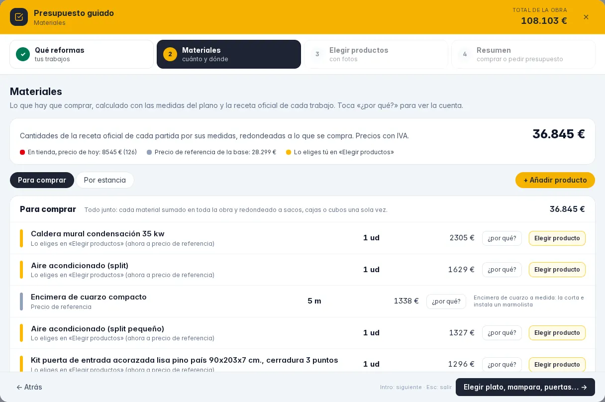 El paso Materiales del presupuesto guiado con el total, la lista Para comprar y los botones ¿por qué? y Elegir producto.