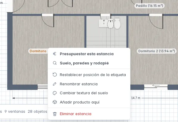 El menú del clic derecho sobre una estancia del plano.