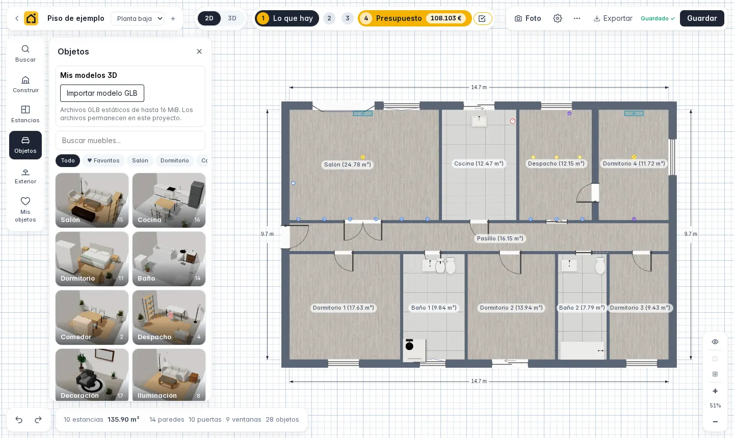 El panel Objetos con el buscador de muebles y las categorías Salón, Cocina, Dormitorio, Baño y otras.