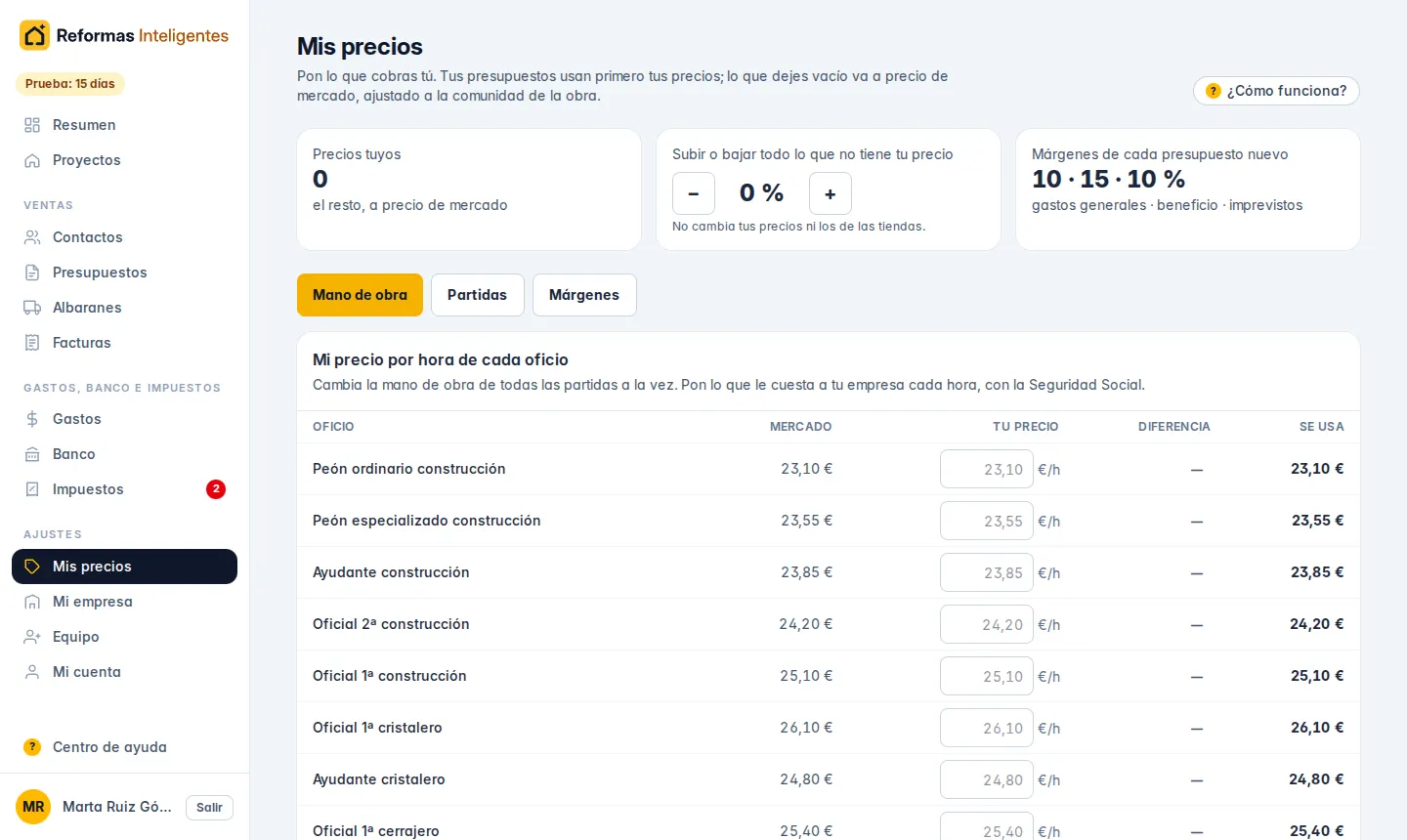 Mis precios: las pestañas, el precio por hora de cada oficio, el botón para subir o bajar todo y los márgenes.