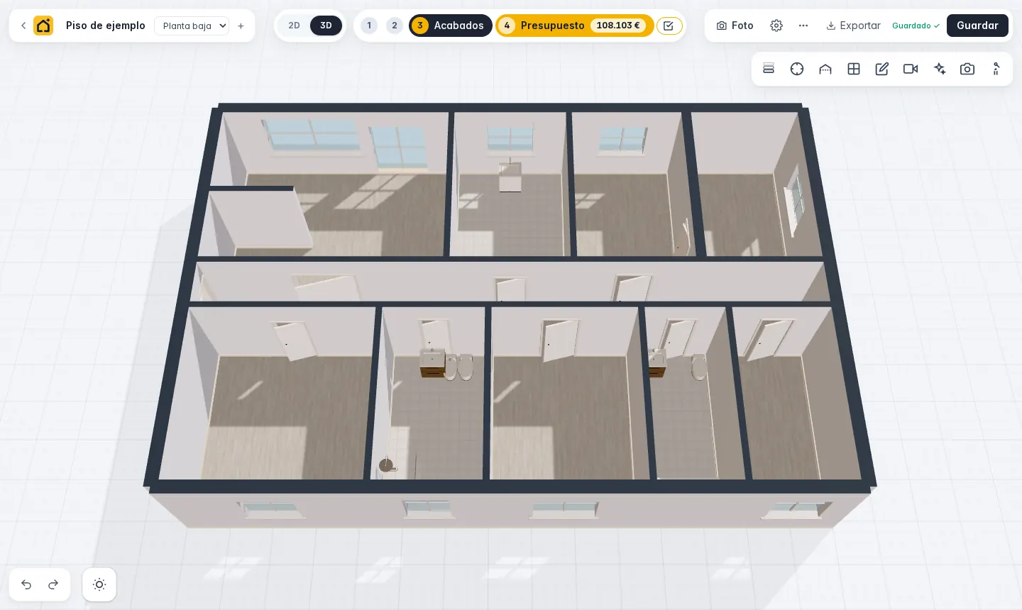 El piso en 3D con la barra de herramientas del visor arriba a la derecha.